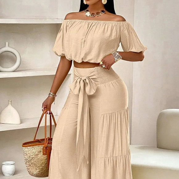Khaki Casual Women's Beach One-Shoulder Puff-Sleeved Crop Top & Wide Leg Pants - Picture 5 of 7